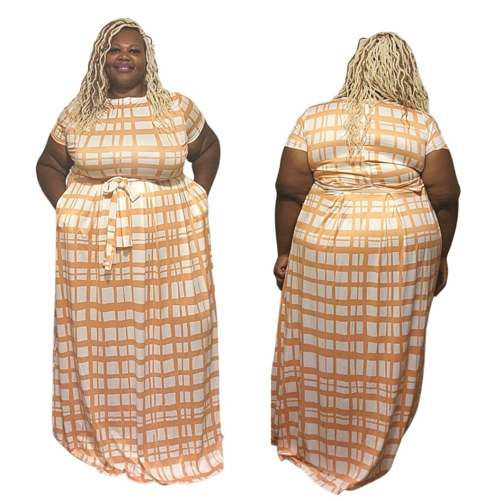 Peaches and Crème -Checkered Pattern 2 piece maxi set with pockets